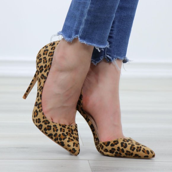Faux Leopard Suede Pointy Toe Slip On High Heels - Picture 5 of 13